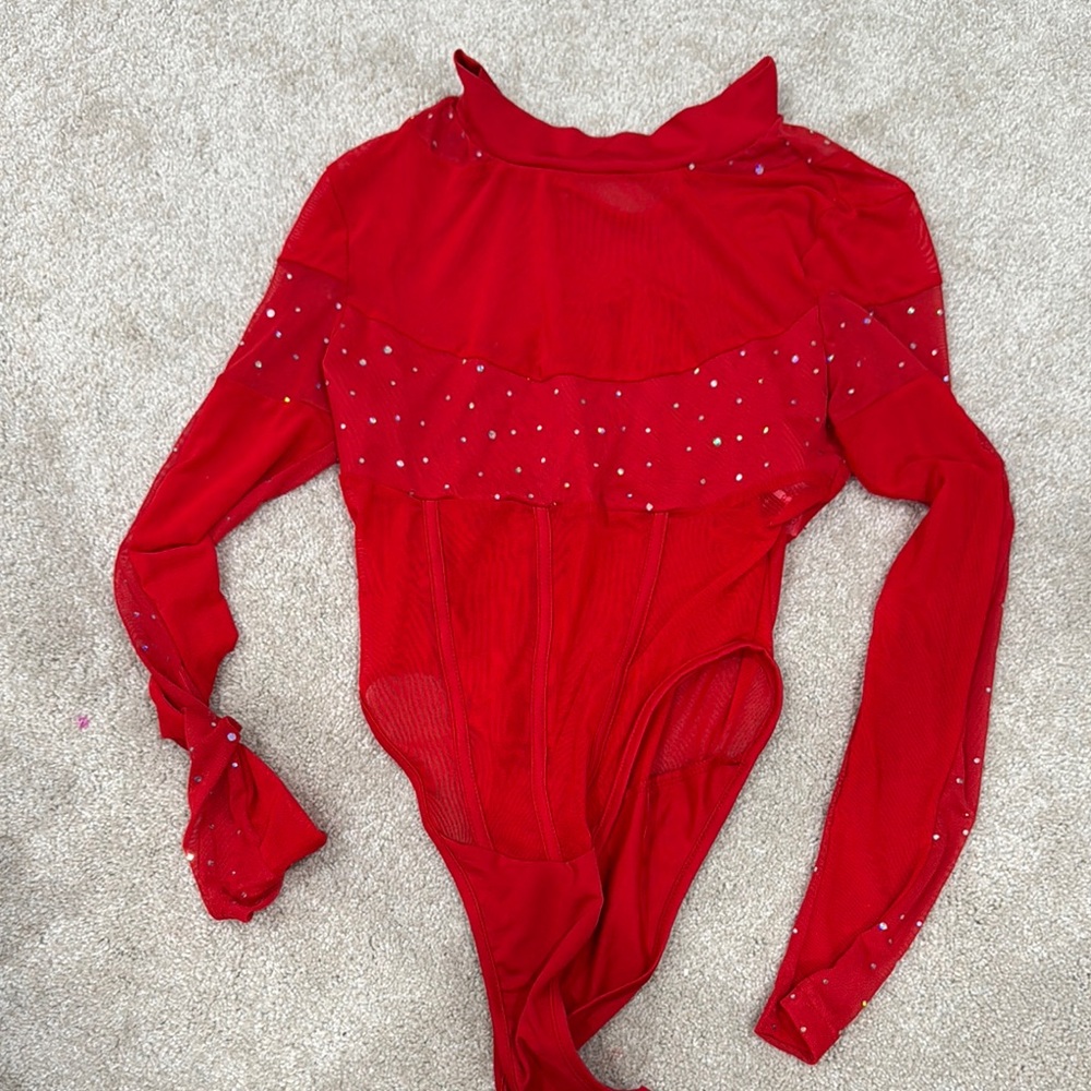 Red One Piece with Rhinestone bodysuit